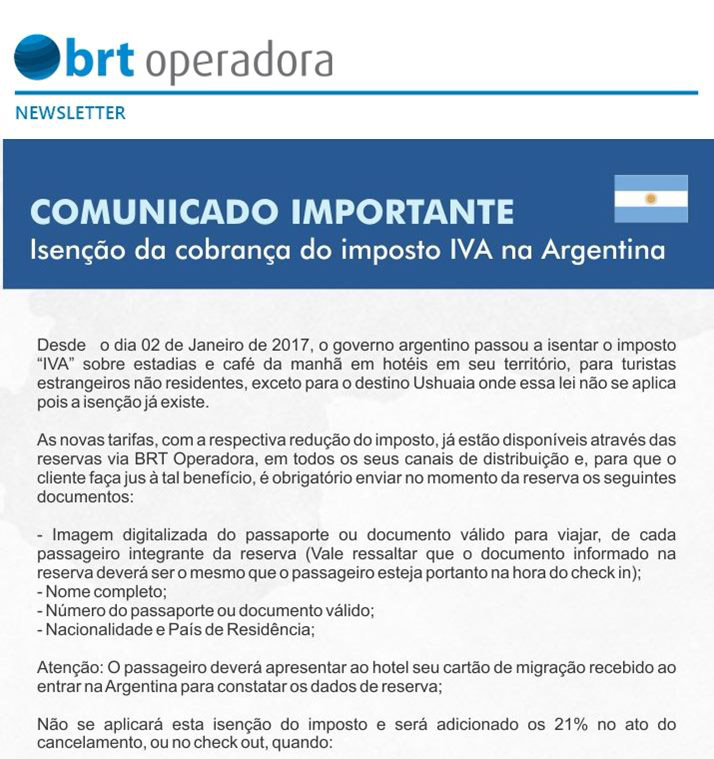 COMUNICADO IMPORTANTE - Isenção da Cobrança do Imposto IVA na Argentina