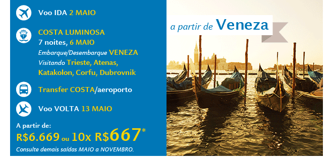 Mediterrâneo com saída de Veneza, a partir de 10x R$ 601*