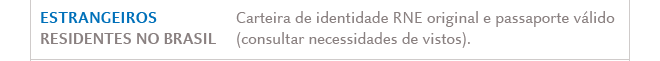 ESTRANGEIROS RESIDENTES NO BRASIL: Carteira de identidade RNE original e passaporte vlido (consultar necessidades de vistos).