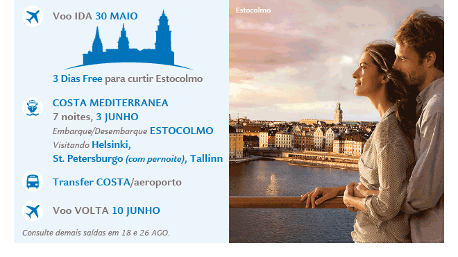 COSTA MEDITERRANEA | 7 noites, 3 JUNHO | Embarque/Desembarque: ESTOCOLMO | Visitando: Helsinki, St. Petersburgo (com pernoite), Tallinn