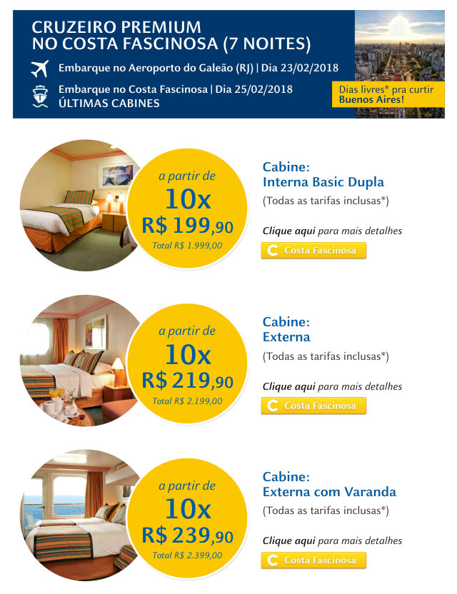 Cruzeiro Premium no Costa Fascinosa com Aéreo&Cruzeiro! 
