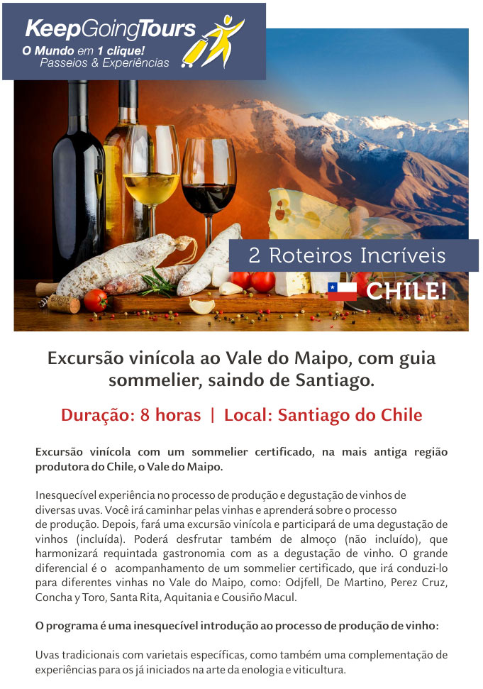 2 Roteiros Incríveis - CHILE!  |  Excursão vinícola ao Vale do Maipo, com guia sommelier, saindo de Santiago.