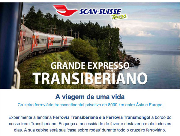 SCAN SUISSE - GRANDE EXPRESSO TRANSIBERIANO A viagem de uma vida. Cruzeiro ferroviário transcontinental privativo de 8000 km entre Ásia e Europa